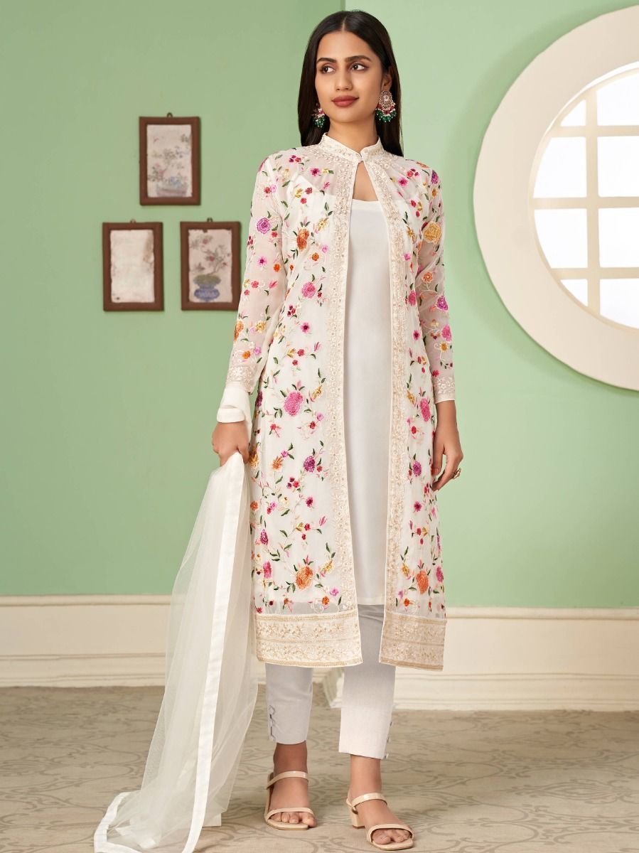 Seductive Off-White Embroidered Georgette Party Wear Salwar Kameez 