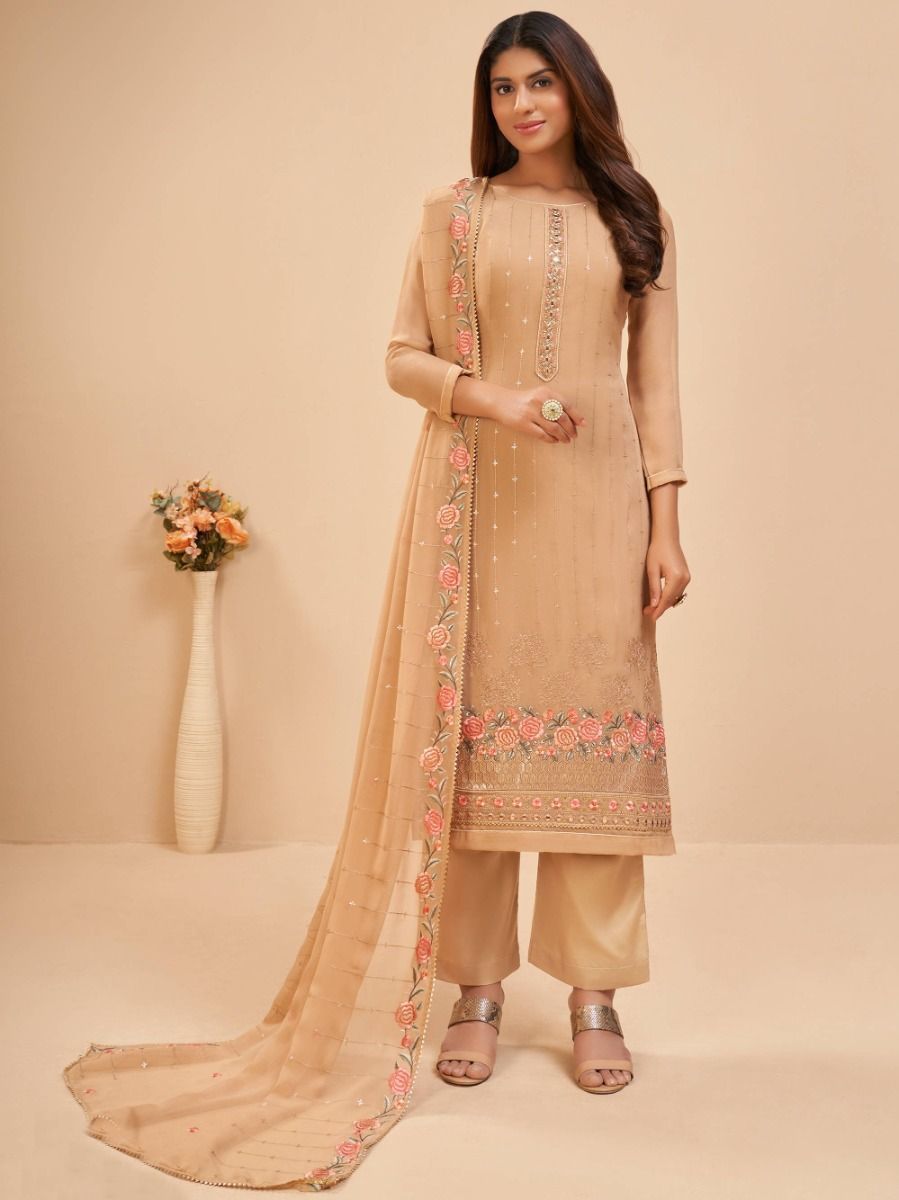 Glamorous Brown Floral Georgette Festival Wear Palazzo Suit