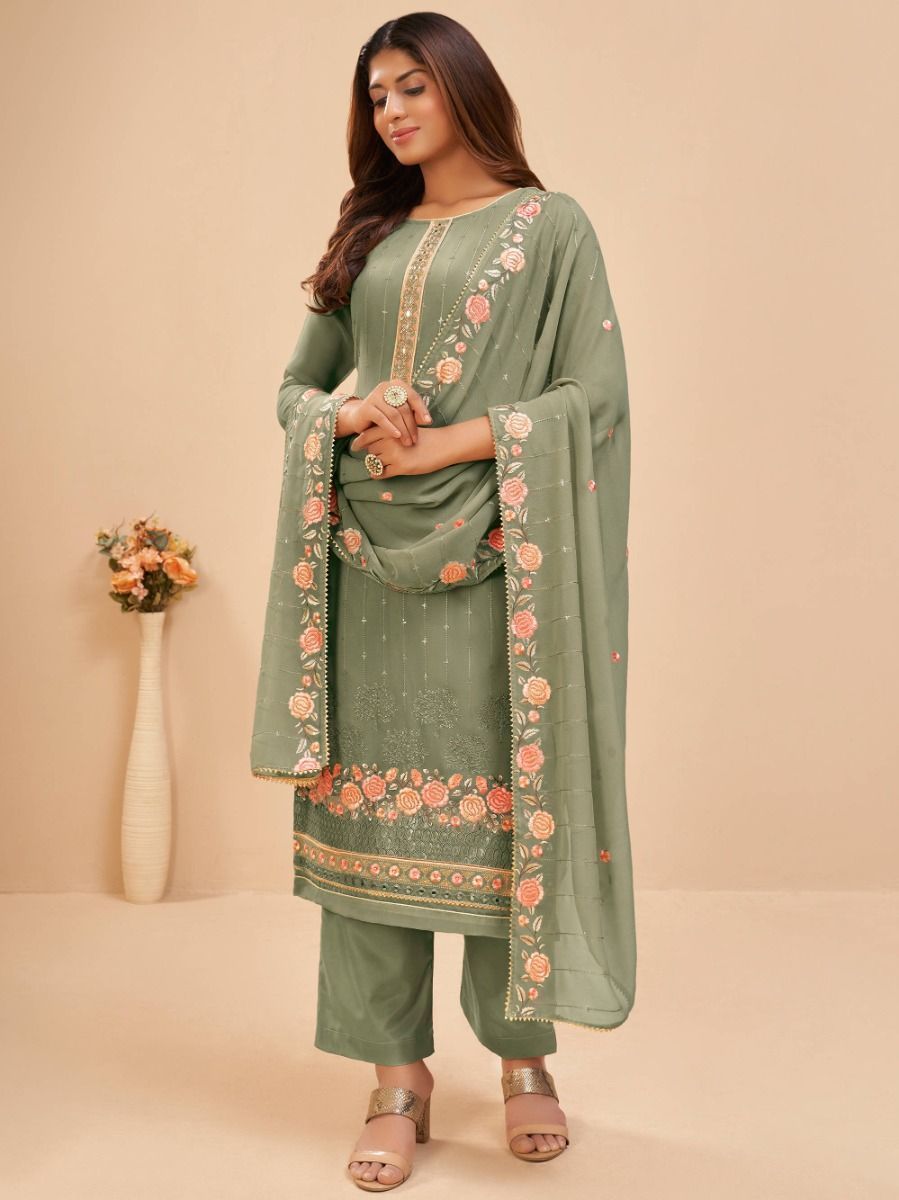 Amazing Olive green Floral Georgette palazzo suit with dupatta