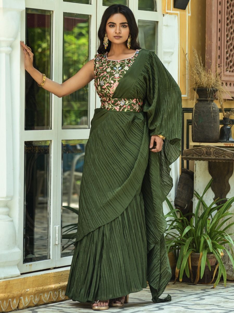 Gorgeous Olive Green Chinon Ruffle Saree With Embroidered Blouse

