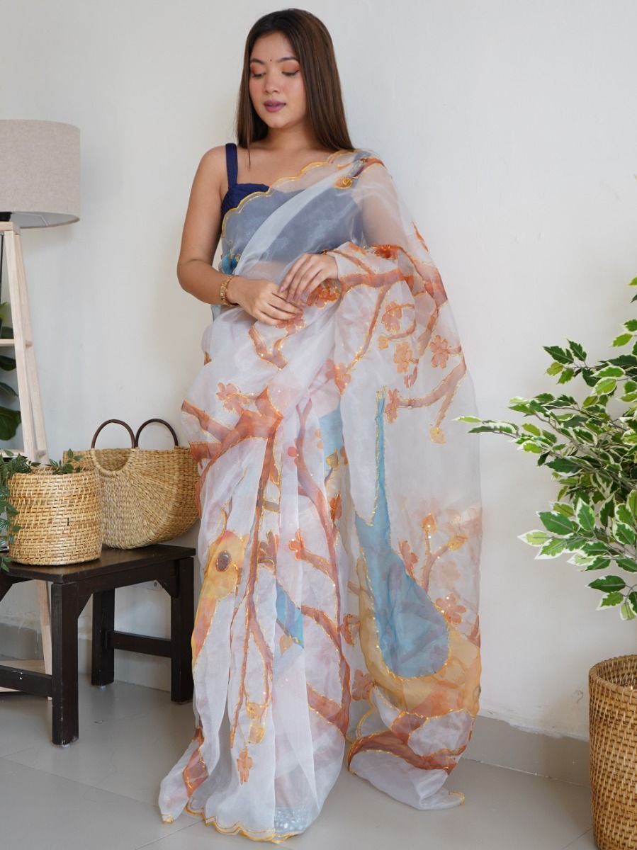 Remarkable White Digital Printed Organza Party Wear Saree