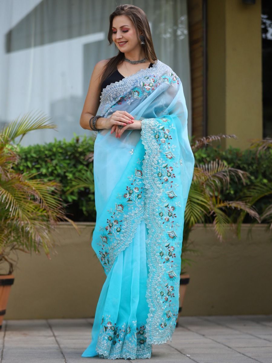 Superior Sky Blue Sequins Embroidered Organza Party Wear Saree