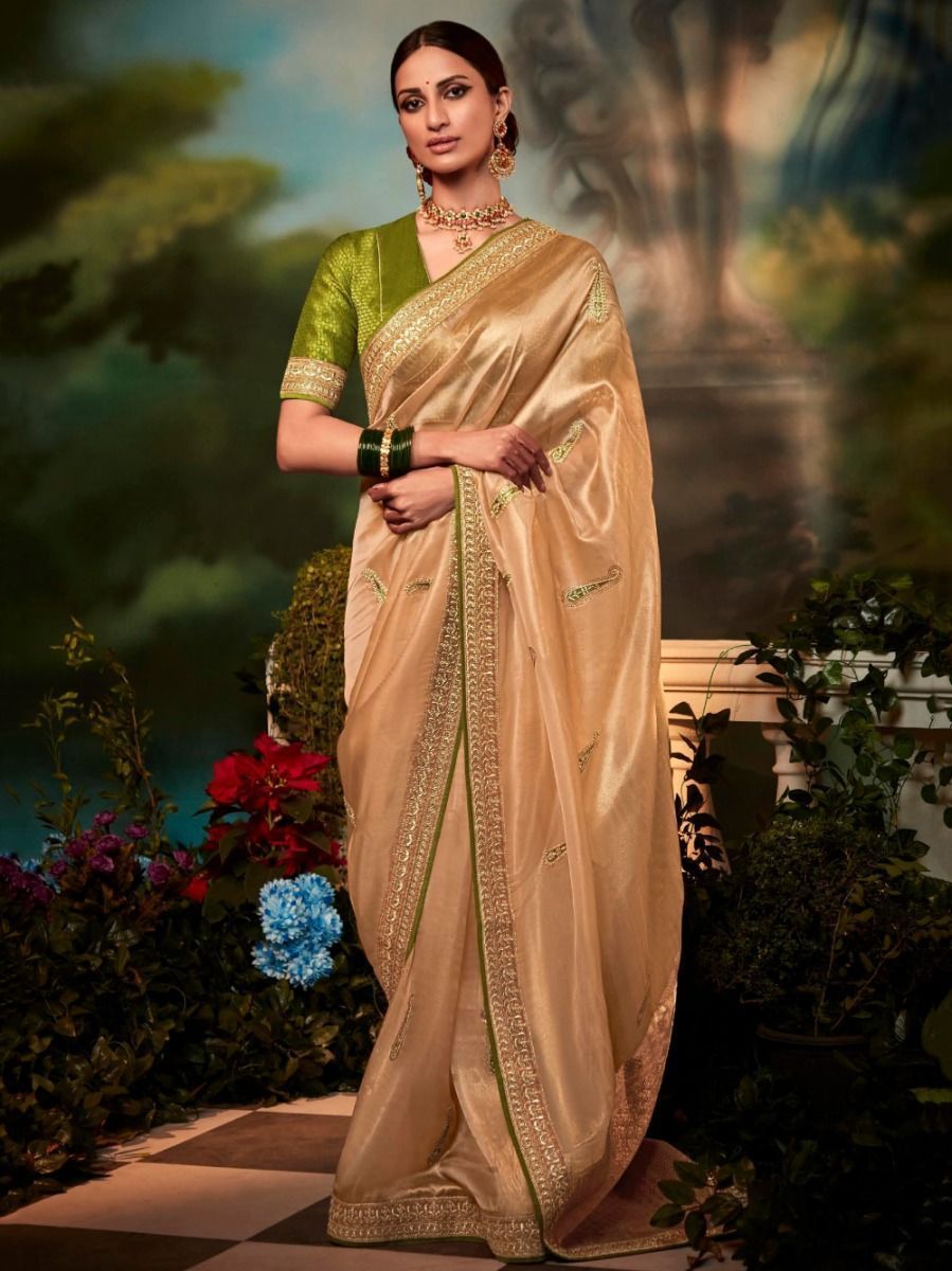 Amazing Peach Organza Embroidered Silk Saree With Blouse
