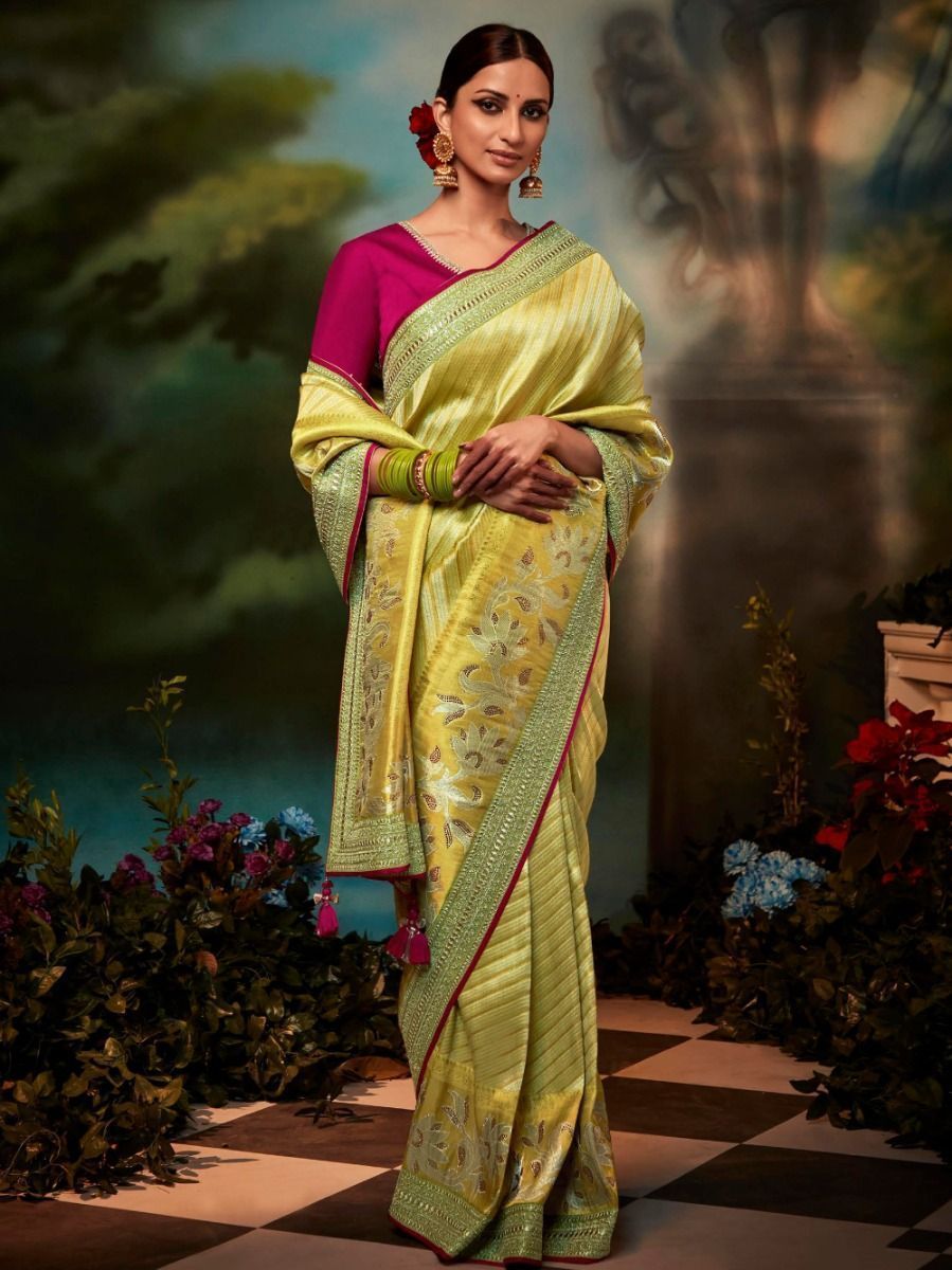 Stunning Yellow zari weaving Silk Saree With Blouse