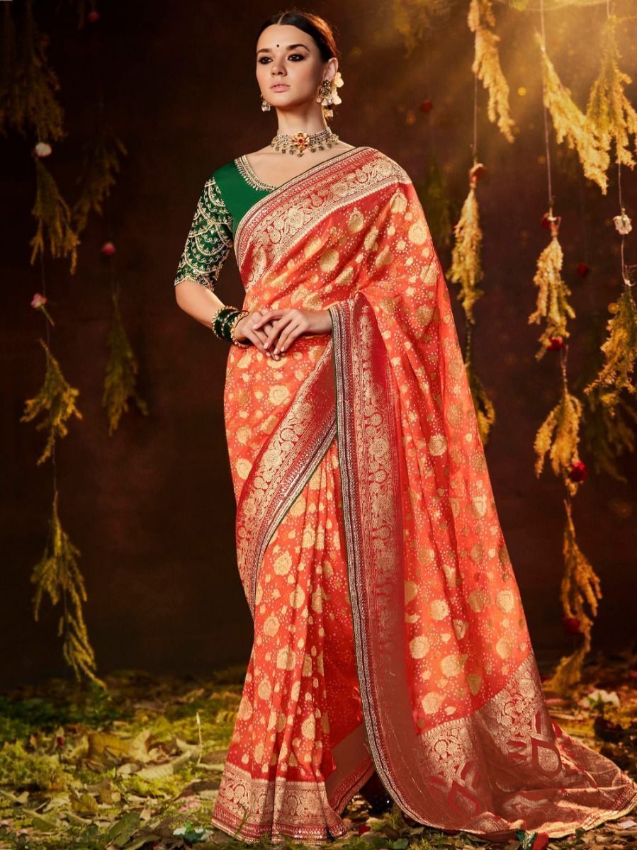 Gratifying Orange Embroidered Silk Reception Wear Saree With Blouse