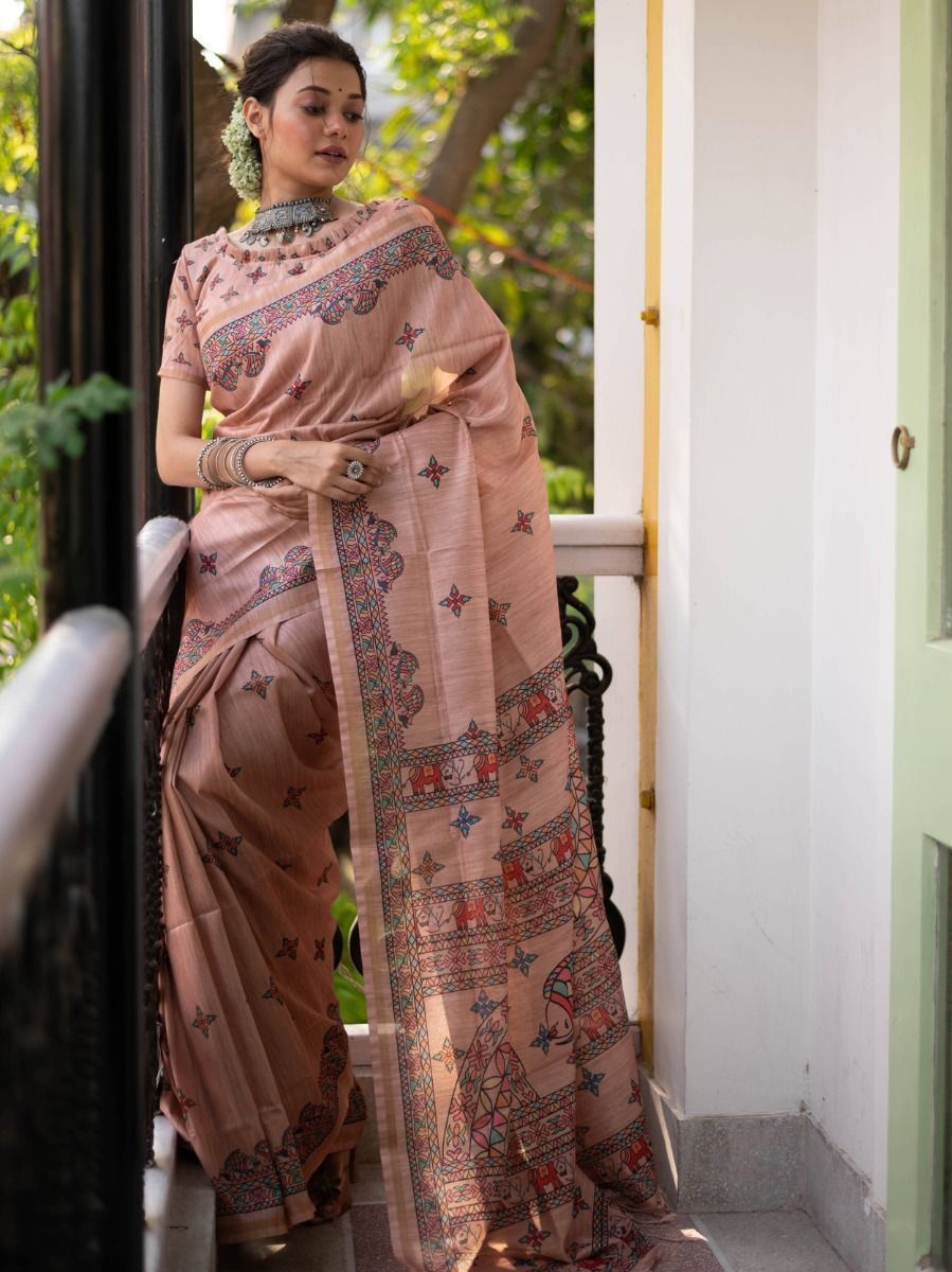 Buy Peach Madhubani Tussar Silk Office Wear Saree With Blouse From ...