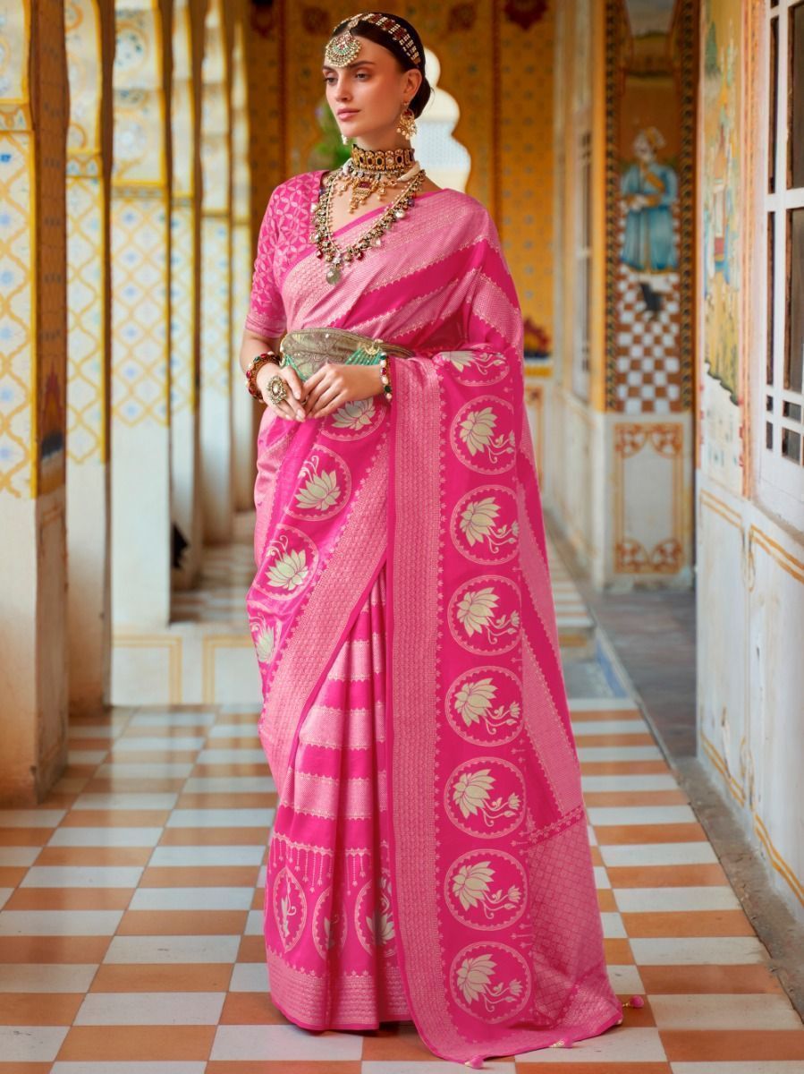 Spectacular Pink Foil Printed Silk Event Wear Saree With Blouse
