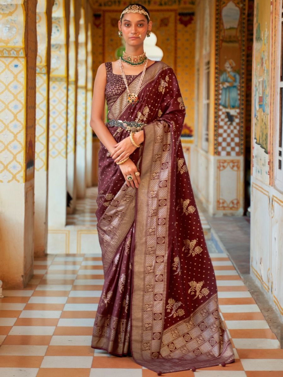 Wonderful Brown Foil Printed Silk Traditional Saree With Blouse
