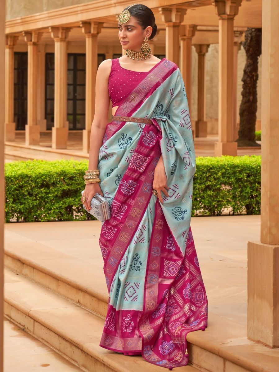 Exquisite Sky Blue And Pink Digital Printed Patola Silk Saree
