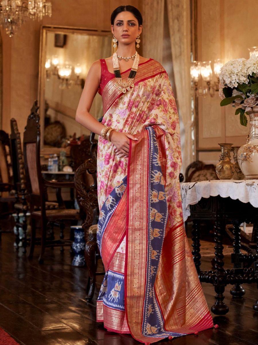 Stunning Cream Patola Printed Silk Saree With Blouse