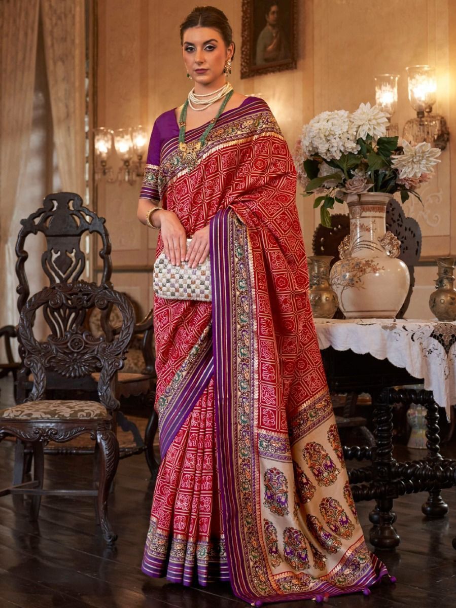 Stunning Red Patola Printed Silk Saree With Blouse