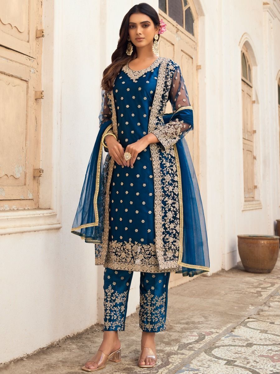 Stunning Blue Embroidered Butterfly Net Jacket Style Salwar Suit
