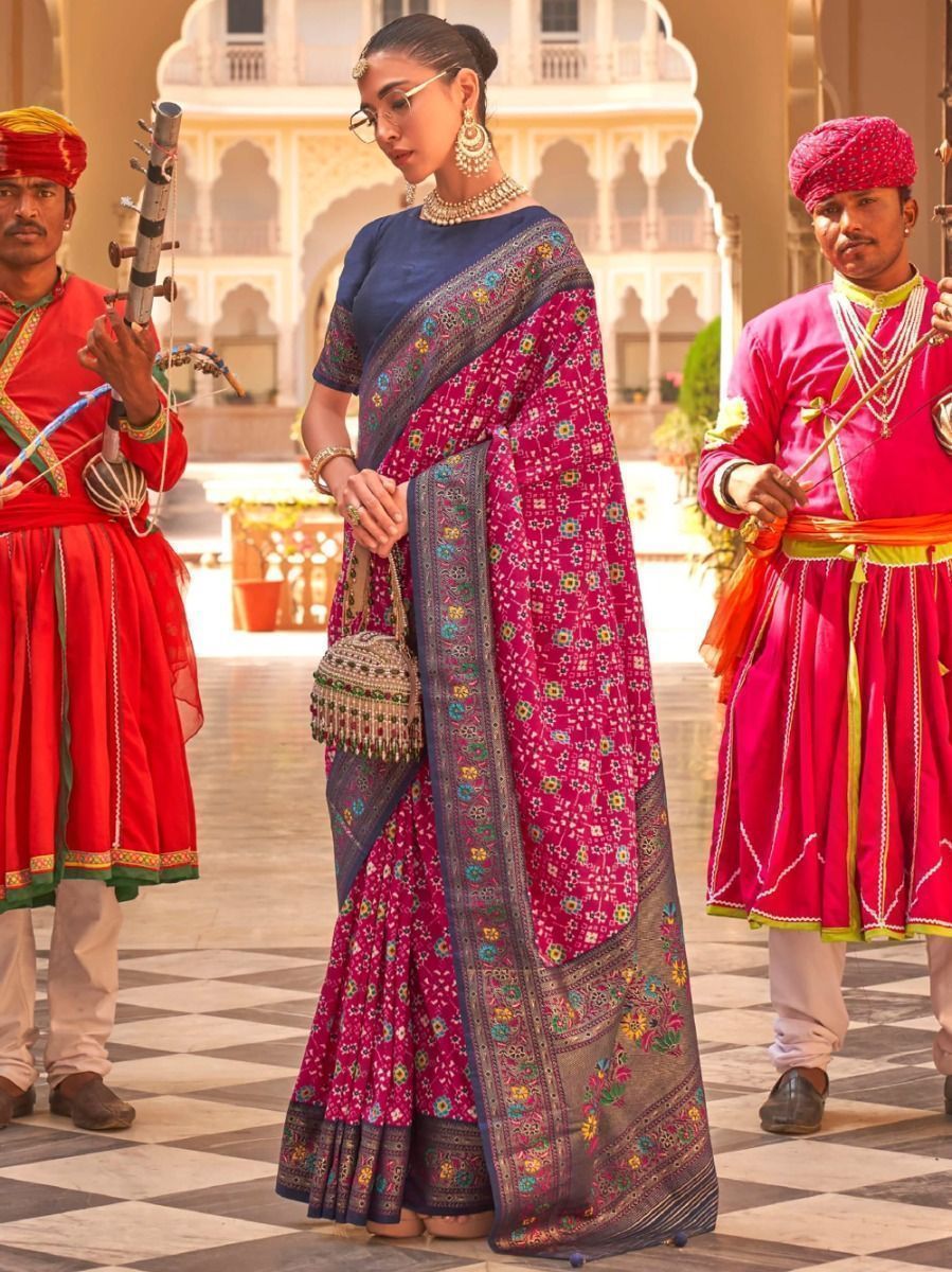 Perfect Warm Pink And Blue Designer Patola Silk Saree
