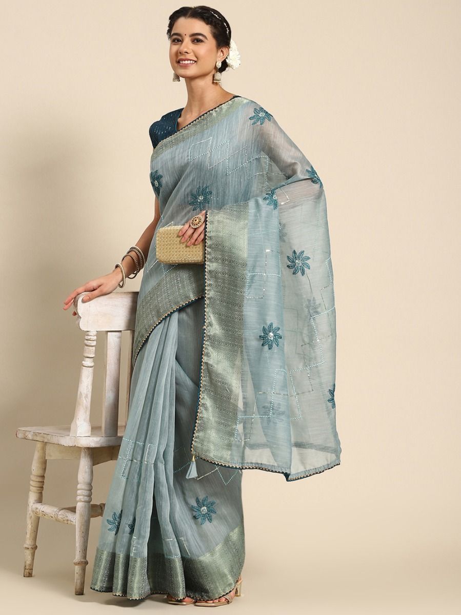 Captivating Sky Blue Thread Embroidered Poly Cotton Saree