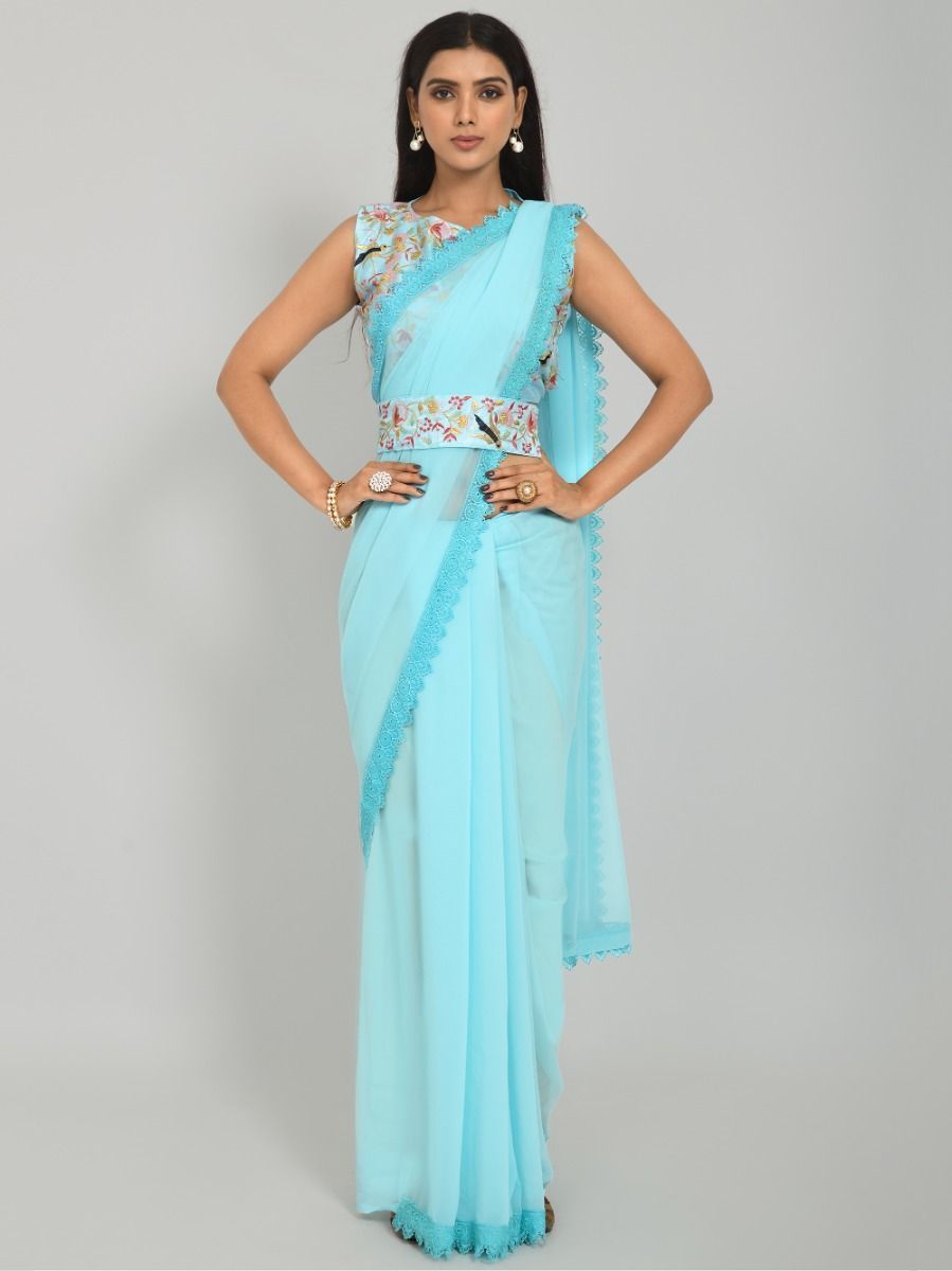 Pretty Sky Blue Georgette Saree With Ready Made Embroidered Blouse
