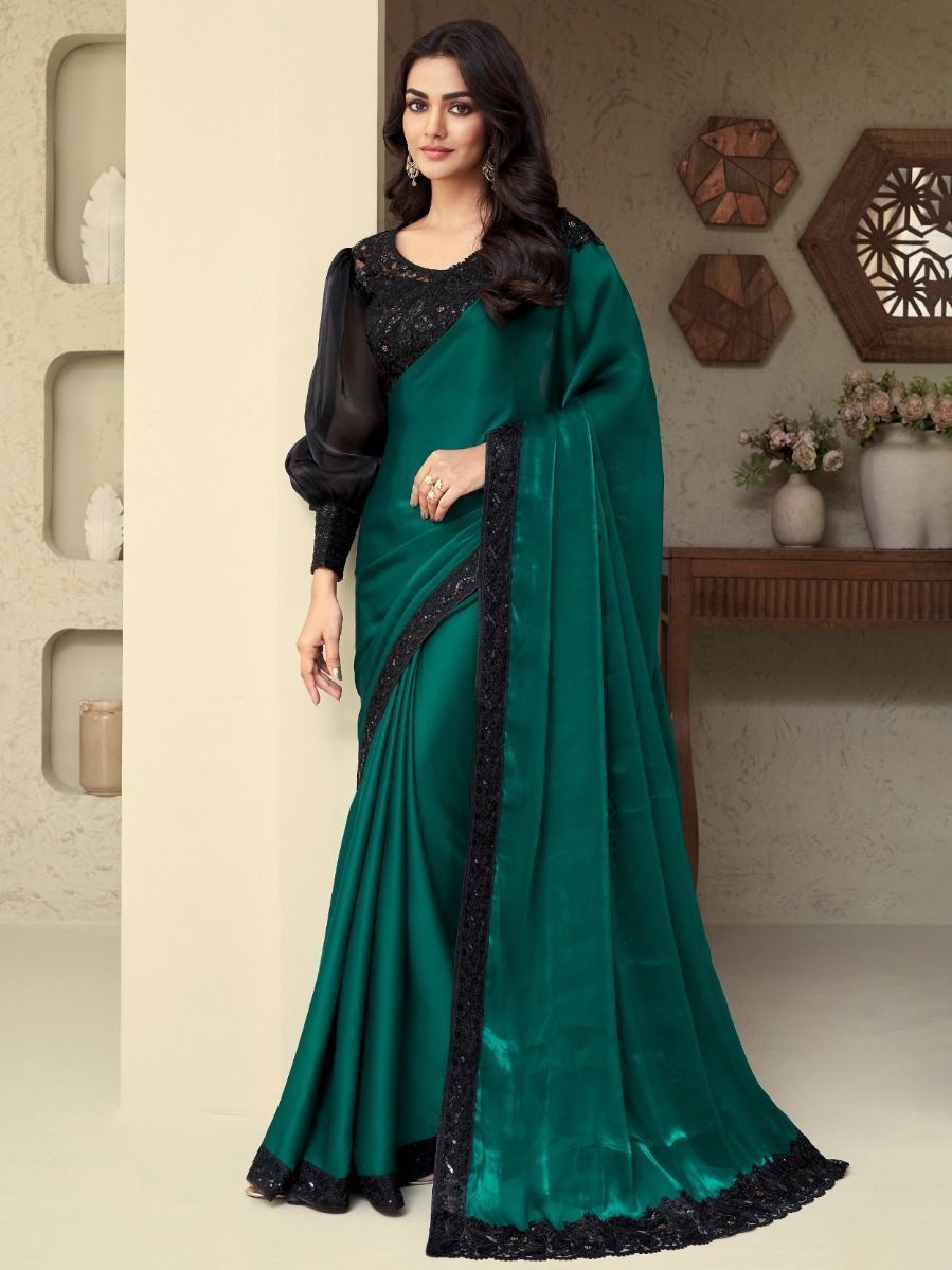 Shop Green-Black Sequin Work Silk Reception Wear Saree With Blouse From ...