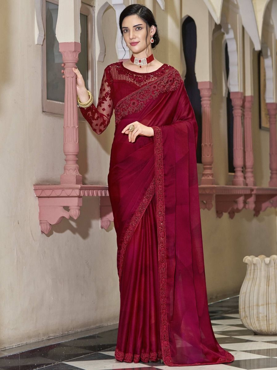 Fabulous Red Sequined Embroided Silk Party Wear Saree With Blouse