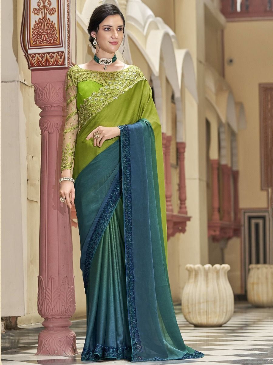 Magnific Teal Blue And Green Thread Embroidery Silk Saree