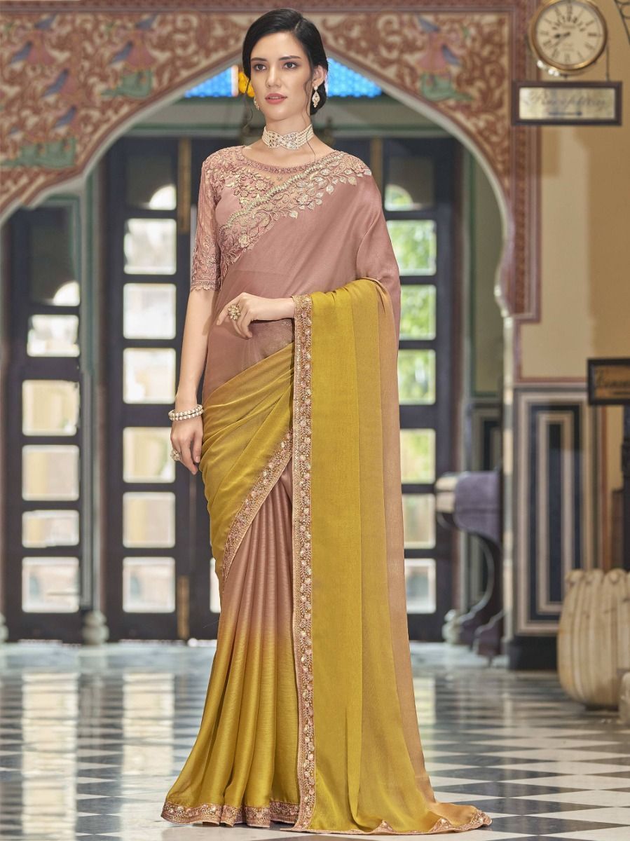 Outstanding Yellow And Off Pink Sequins Embroidery Silk Saree