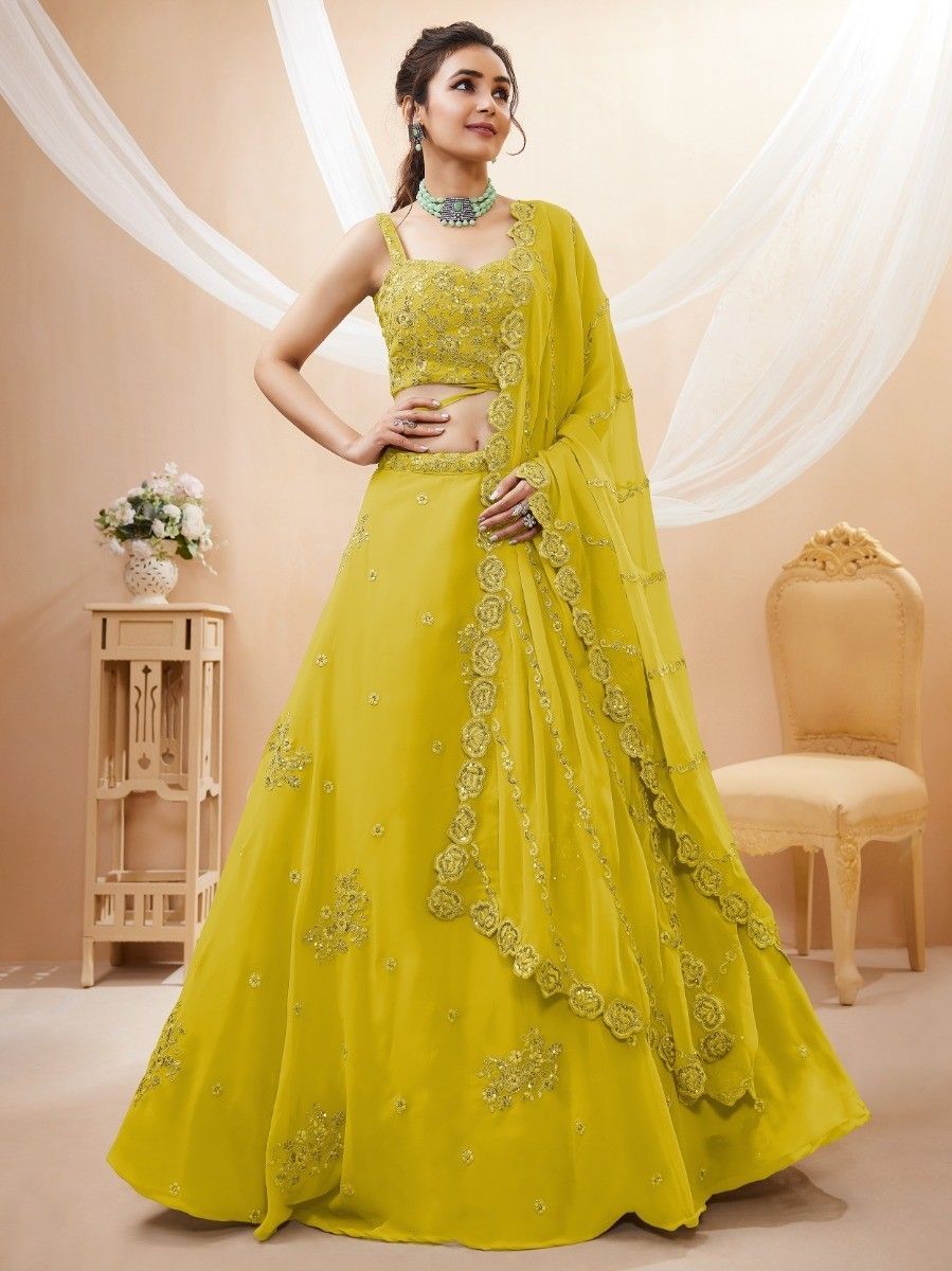 Adorable Neon Yellow Sequins Georgette Wedding Wear Lehenga Choli 