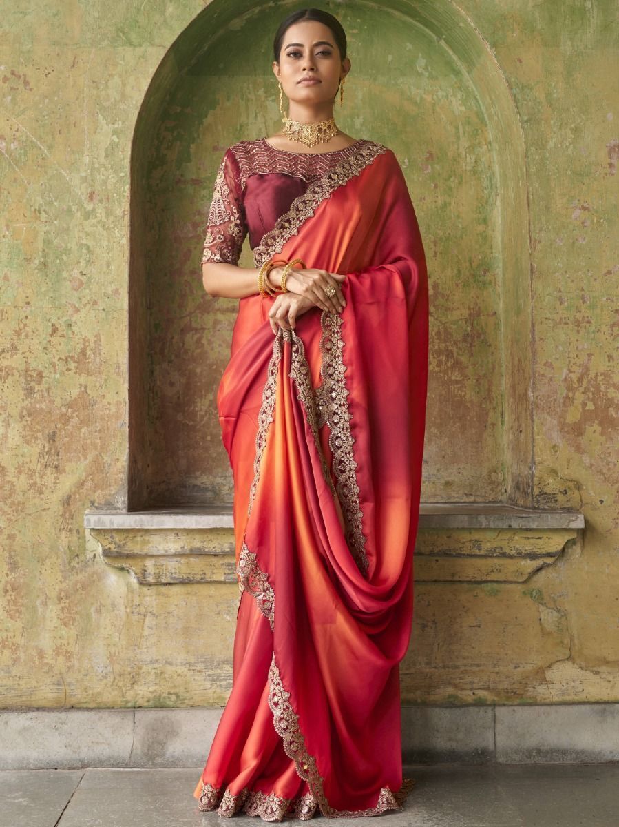 Gorgeous Red Orange Sequined Satin Festival Wear Saree With Blouse