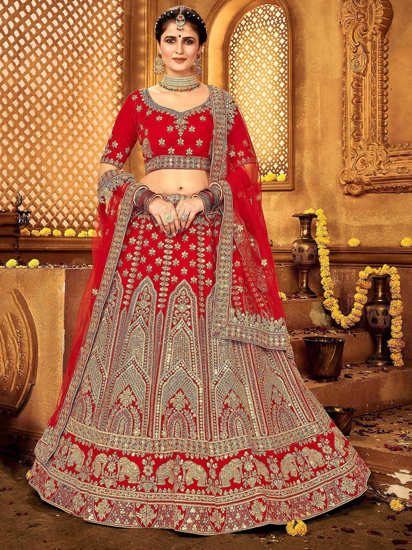 Red Heavy Sequins Velvet Bridal Wear Lehenga Choli