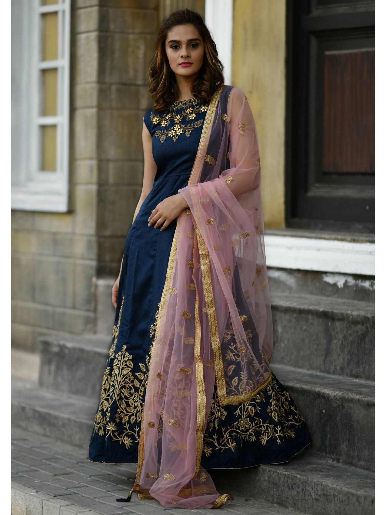 Navy Blue Embroidered Silk Gown With Dupatta