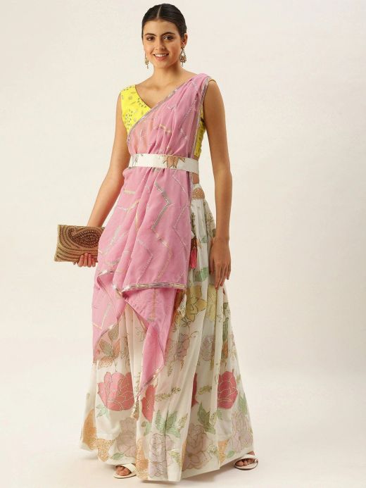 Buy mf Grey & Pink Organza Semi-Stitched Dress Material online | Looksgud.in