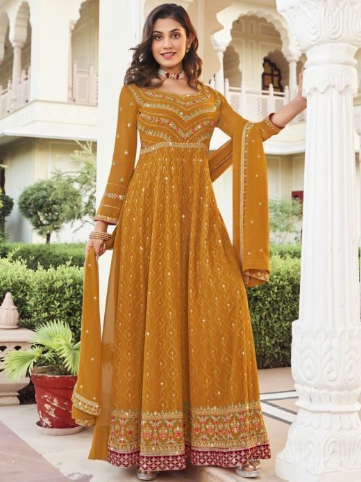 Functional Wear Heavy Butter Silk Mustard Yellow Designer Gown With Dupatta  – Kaleendi
