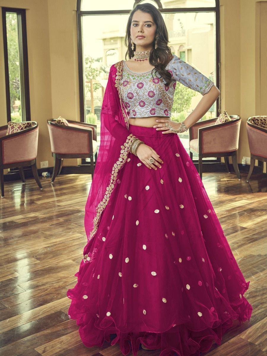 Marvellous Ruby Pink Sequins Embroidered Net Party Wear Lehenga Choli