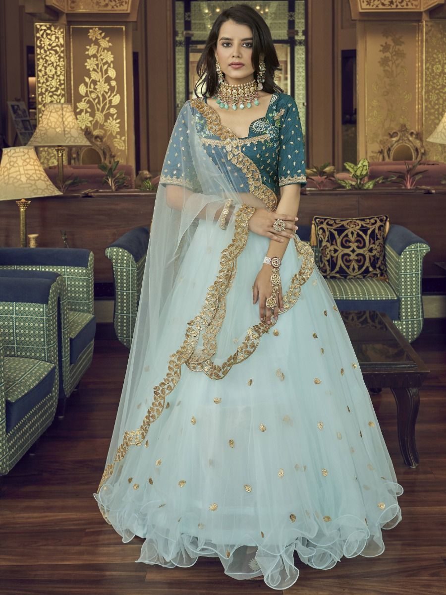 Remarkable Sky Blue Sequines Embroidered Net Party Wear Lehenga Choli