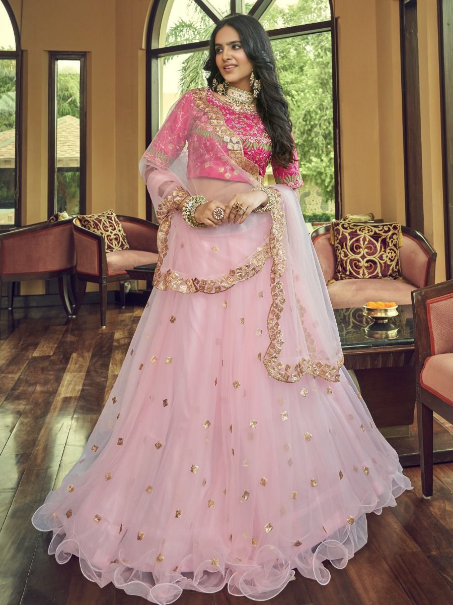 Radiant Light Pink Sequins Embroidered Net Party Wear Lehenga Choli