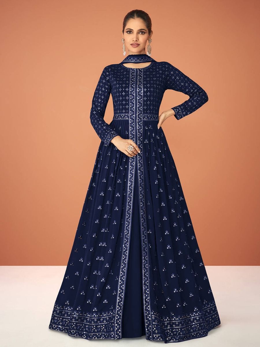 Greatest Navy Blue Georgette Embroidered Party Wear Long Readymade Gown 