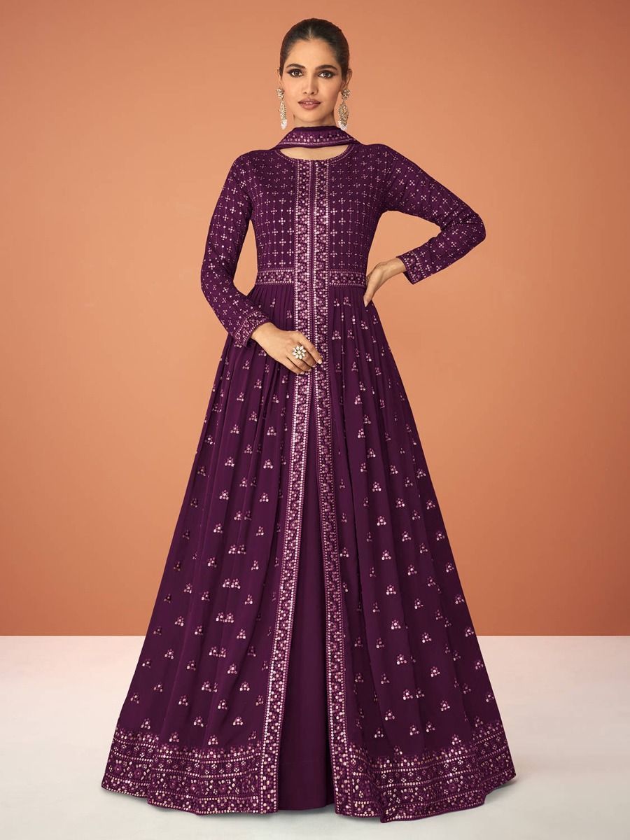 Classy Purple Georgette Embroidered Readymade Event Wear Long Anarkali Gown
