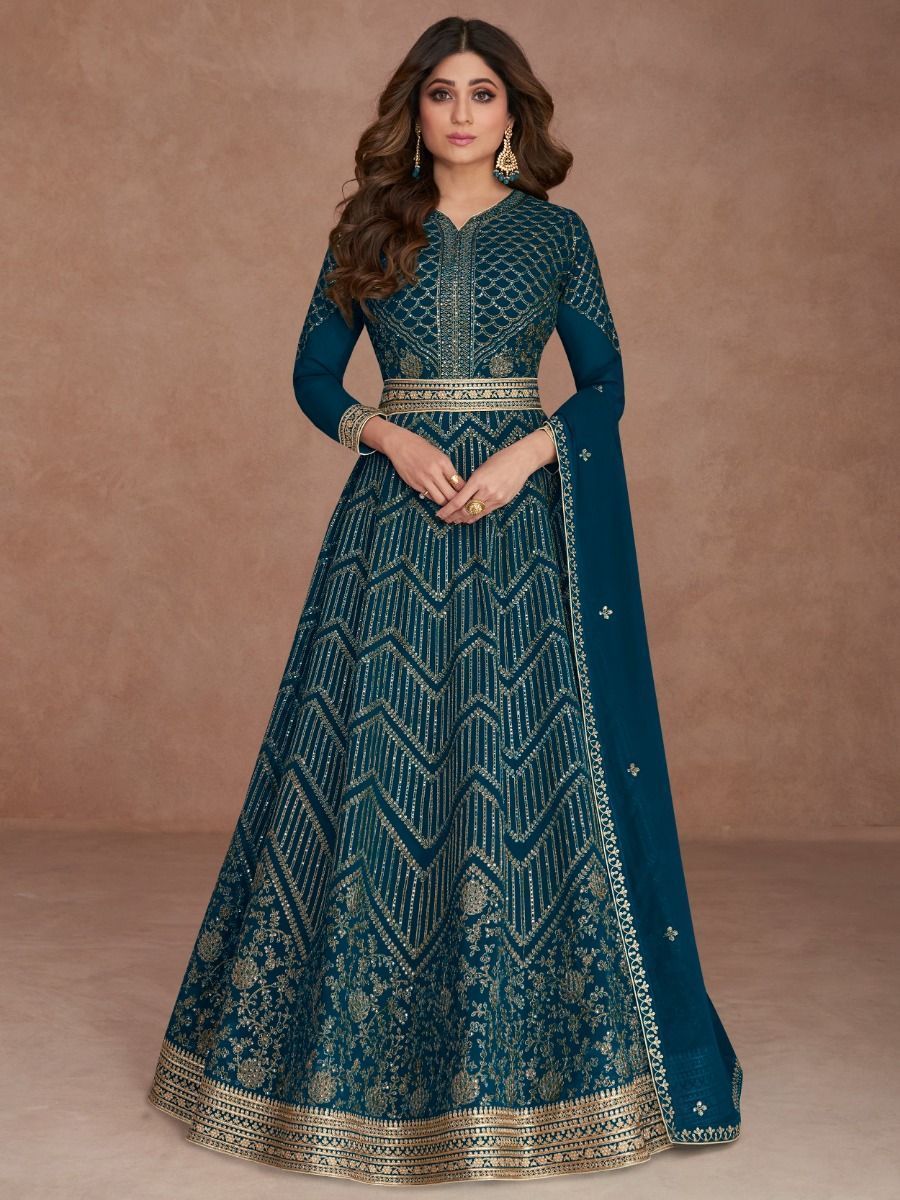 Buy Teal Blue Sequined Georgette Party Wear Gown With Dupatta From ...