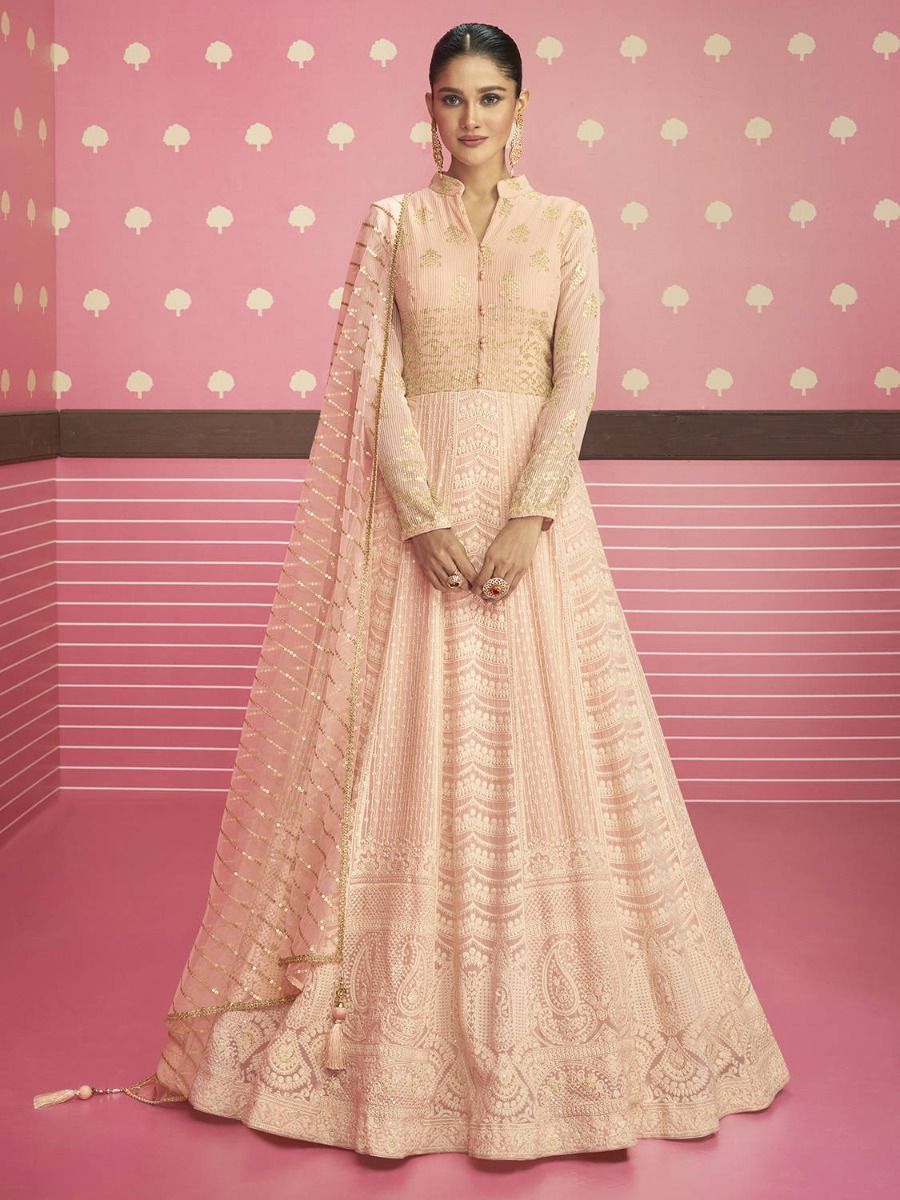 Marvelous Light Pink Georgette Embroidered Reception Wear Long Anarkali Gown
