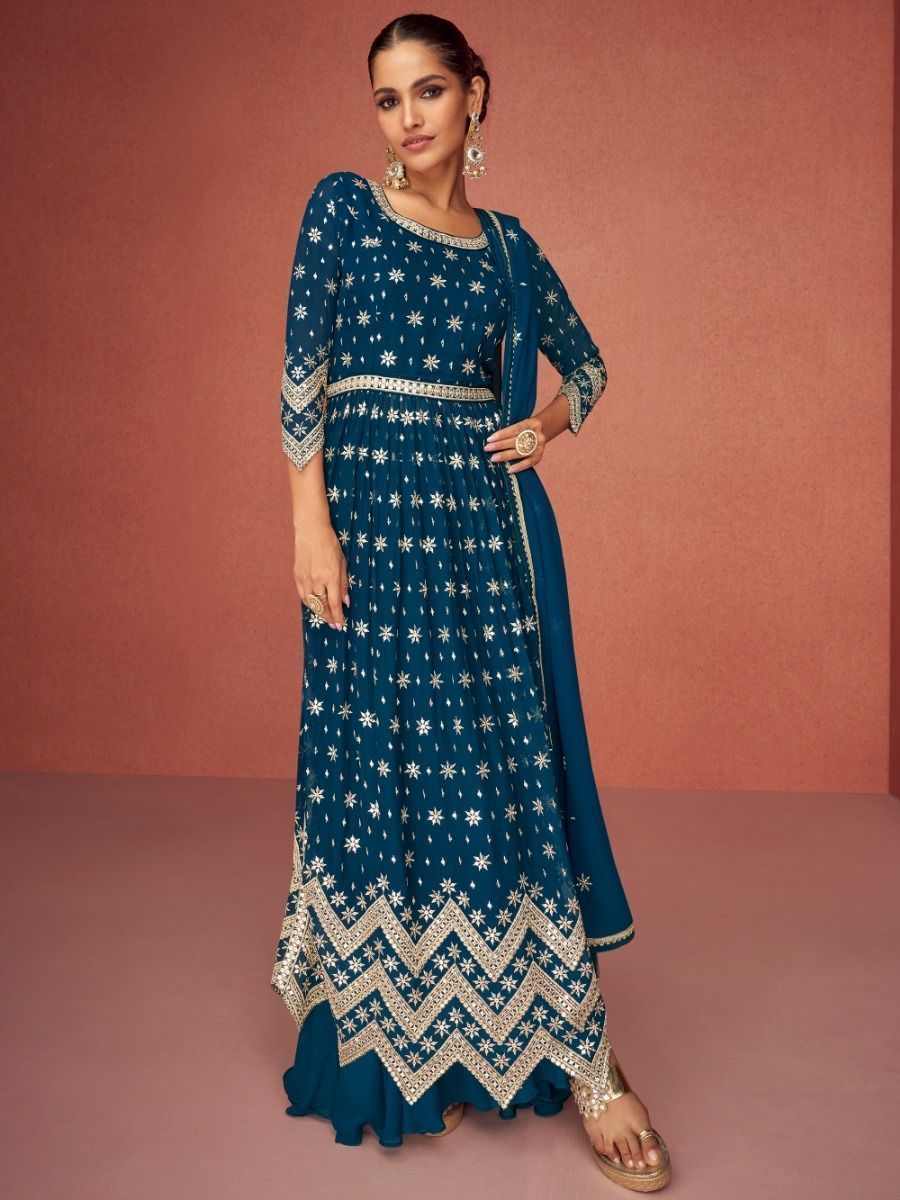 Captivating Blue Sequins Georgette Ready-Made Palazzo Suit