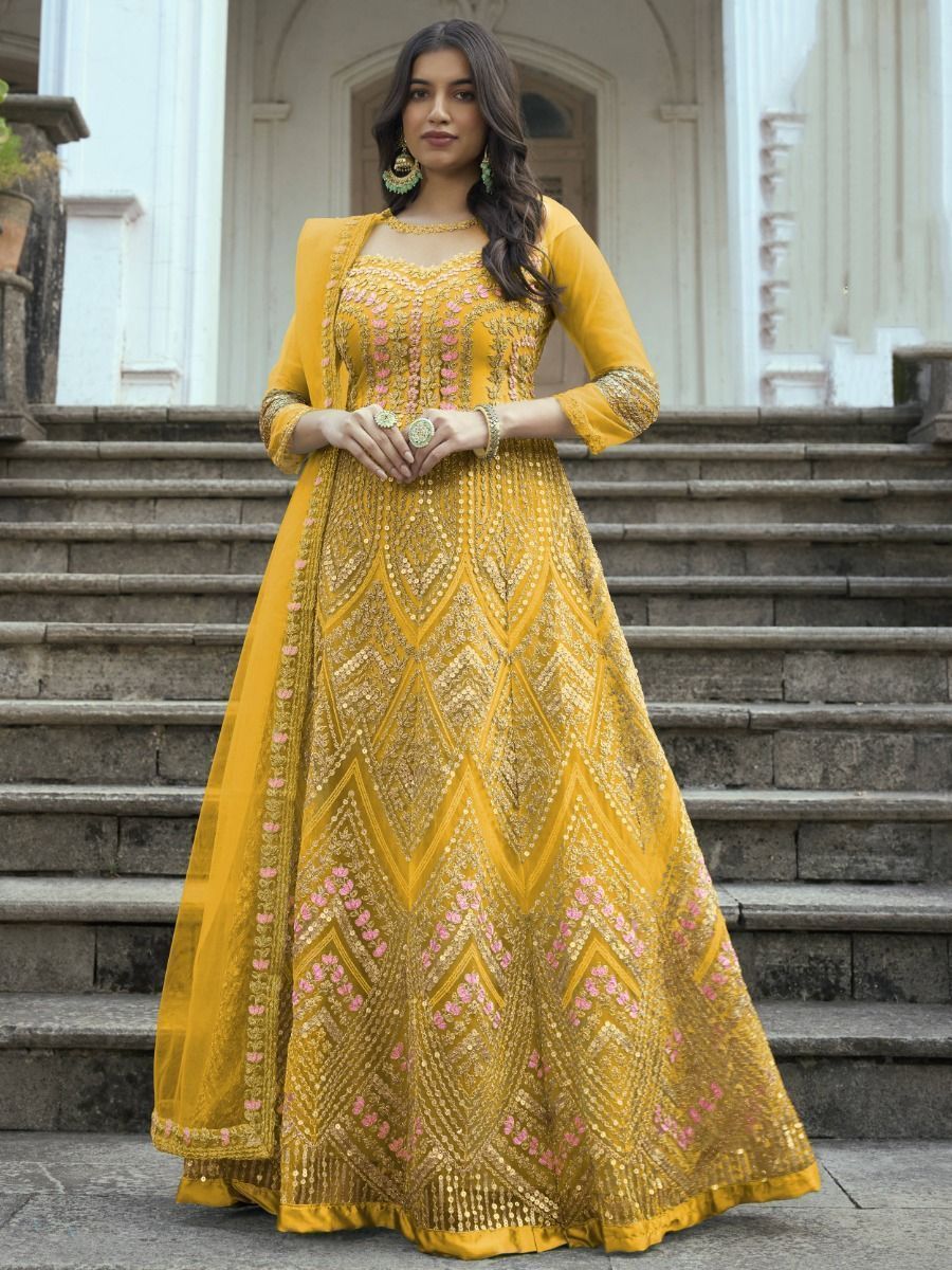 Superb Sunshine Yellow Sequined Embroidery Net Wedding Wear Salwar Kameez