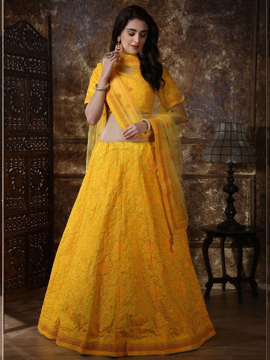 Yellow Embroidered Silk Festive Wear Lehenga Choli
