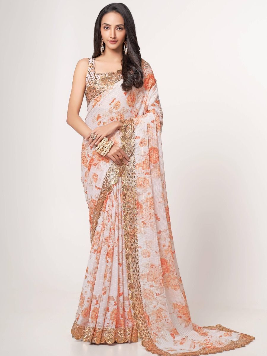 Gorgeous White Floral Printed Organza Party Wear Saree With Blouse