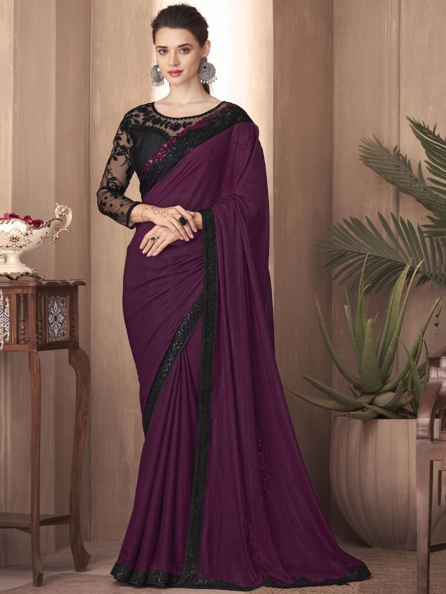 Lavish Wine Color Sequined  Silk Cocktail Party Saree With Blouse