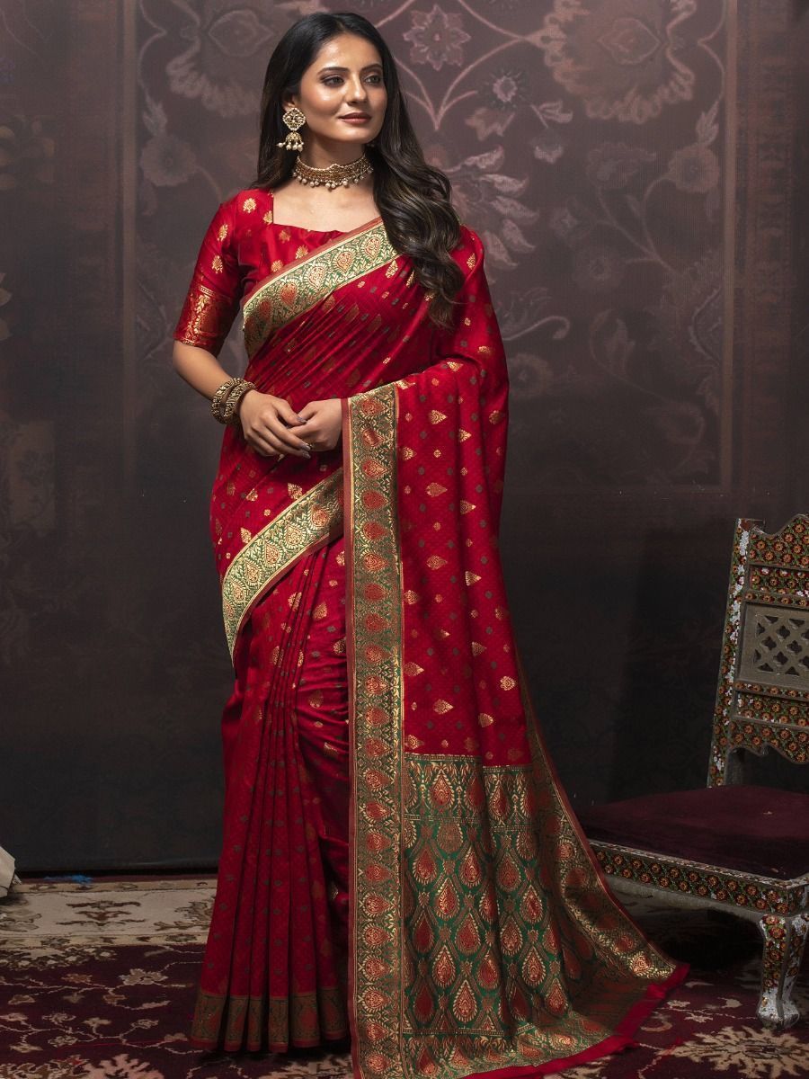 Stunning Red Jacquard Woven Silk Festival Wear Saree With Blouse