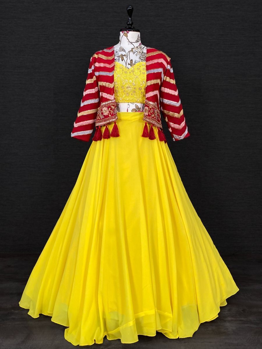 Marvelous Yellow Georgette Ready Made Crop Top Lehenga With Jacket