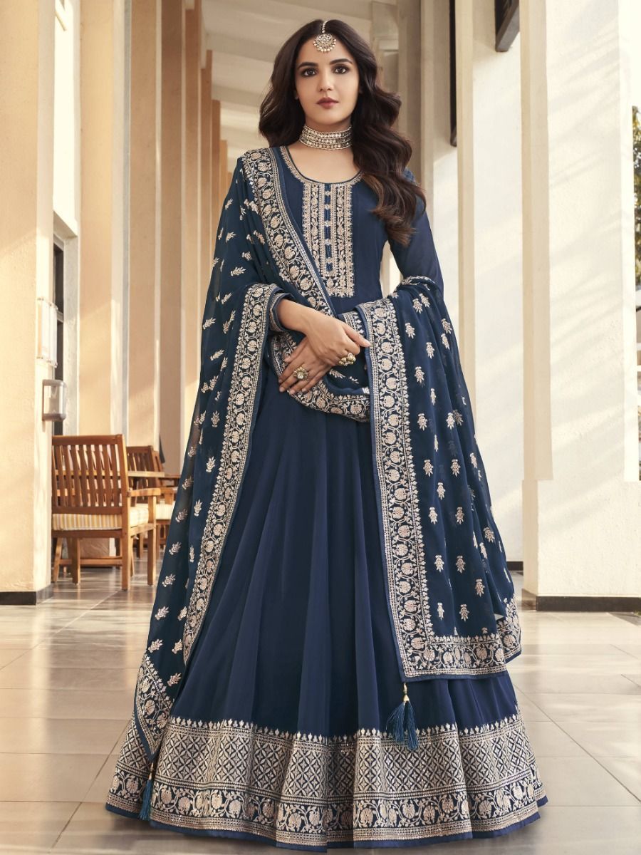 Buy NAvy Blue Silk Festival Wear Weaving Gown With Dupatta Online From  Wholesale Salwar.
