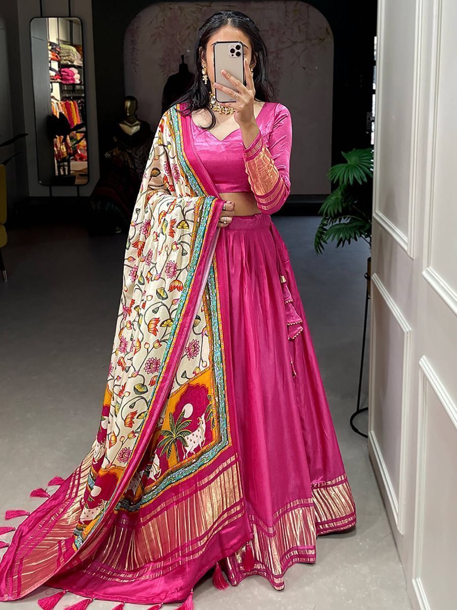 Delightful Pink Gaji Silk Lehenga Choli With Printed Dupatta
