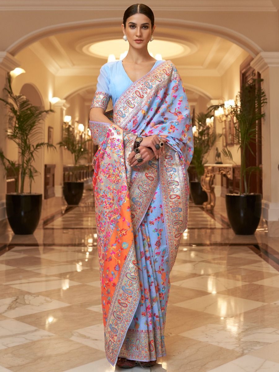 Stunning Sky Blue Zar Weaving Silk Wedding Wear Saree with Blouse