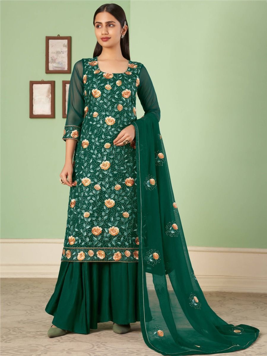Fascinating Green Sequins Embroidered Georgette Palazzo Suit