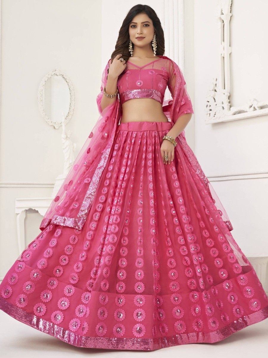 Astonishing Pink Sequins Net Reception Wear Wear Lehenga Choli
