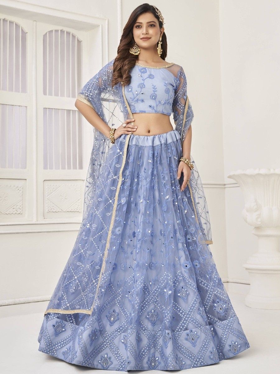 Gorgeous Light Blue Embroidered Net Engagement Wear Lehenga Choli