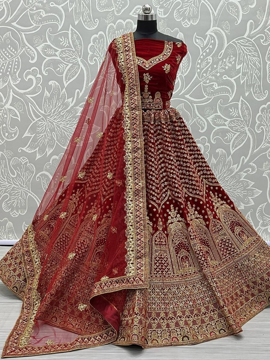 Glamorous Maroon Velvet Dori Embroidered For Wedding Wear Lehenga Choli